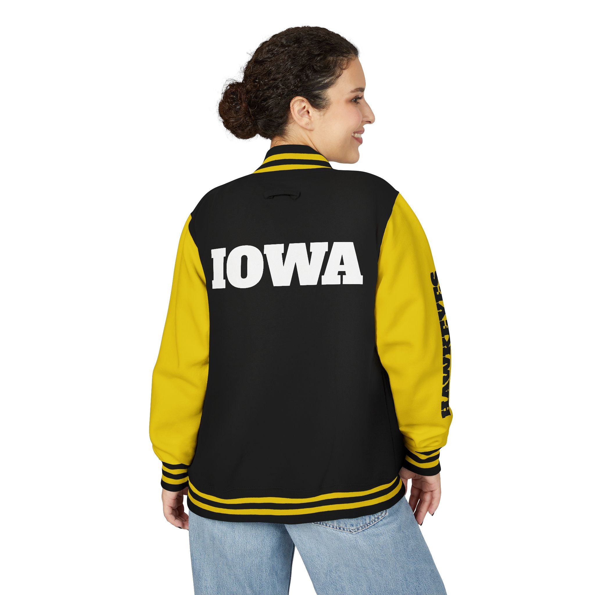 Iowa Letterman Jacket — Classic Black & Gold Varsity Jacket